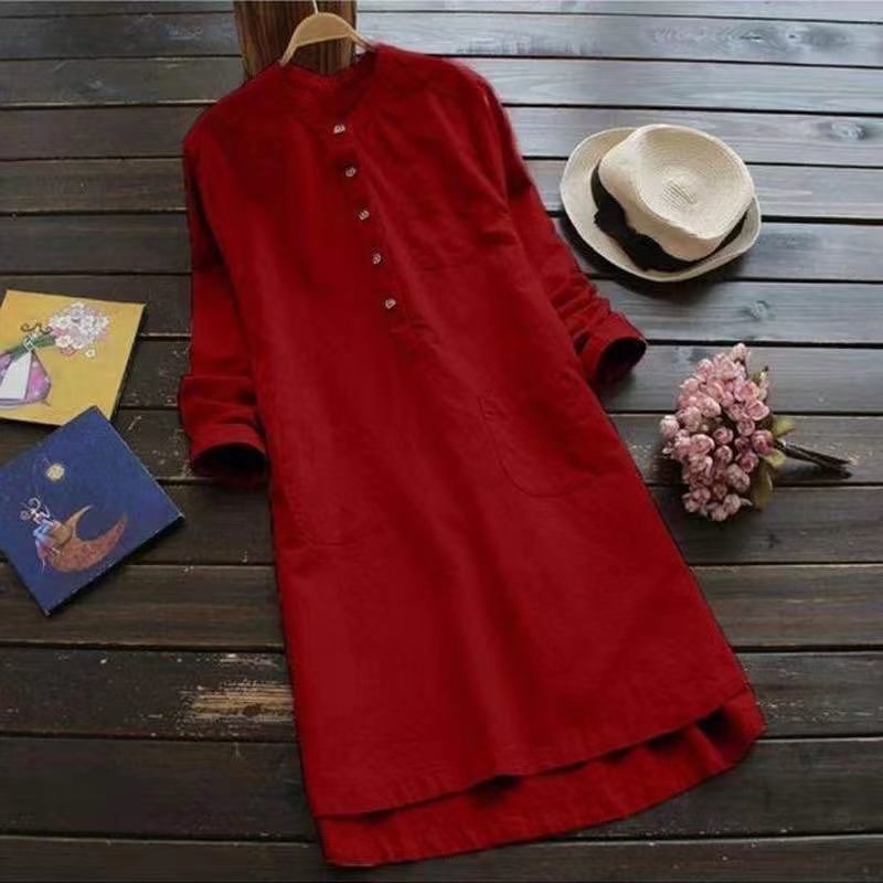 Winter Clothing Label - Gaun Linen warna Solid temperamen longgar
