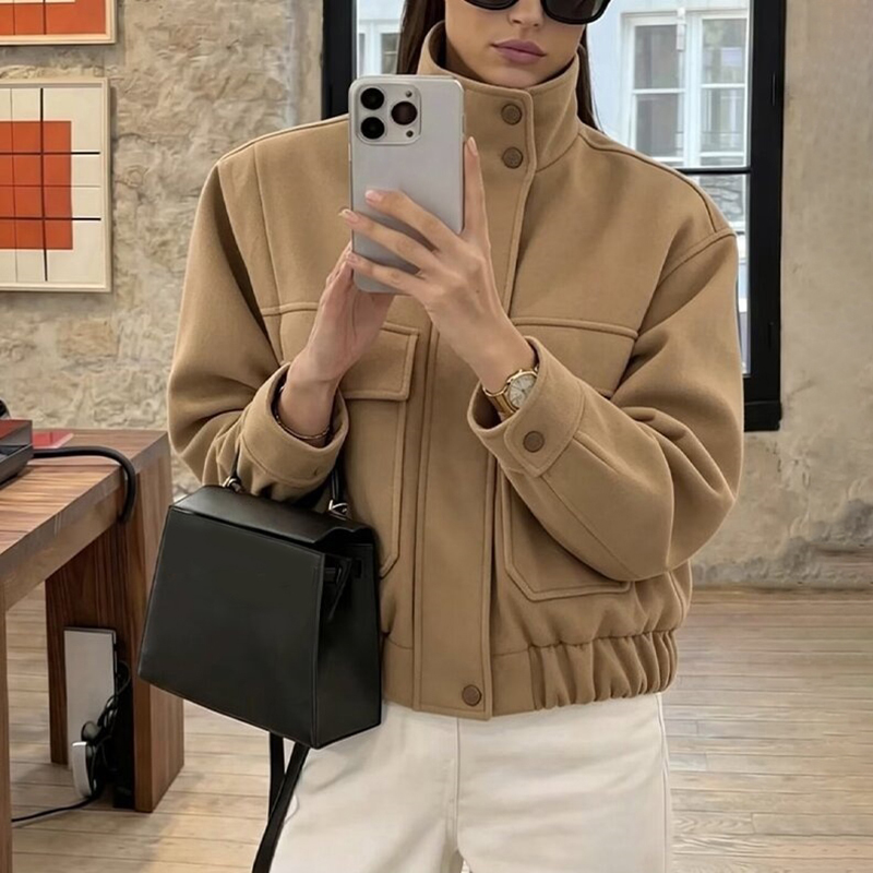 Wool Blend Coat - Jaket Pilot Wanita Minimalis Kerah Berdiri