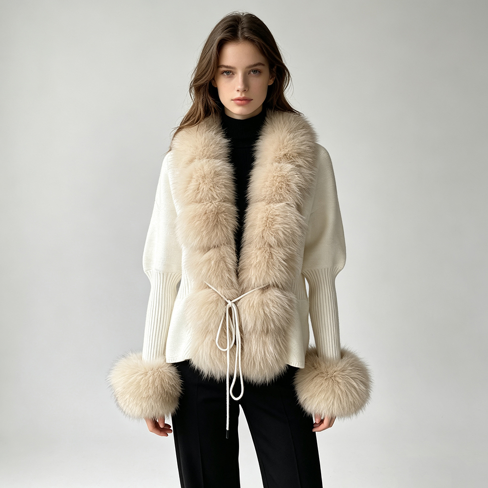 Wool Blend Coat - Jxwatcher Sweater Wanita dengan Hiasan Bulu