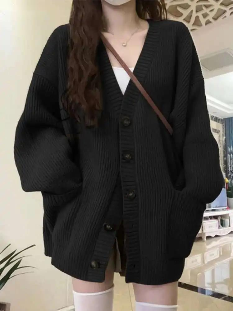 Wool Blend Coat - Kardigan Longgar Wanita Lengan Panjang Kerah